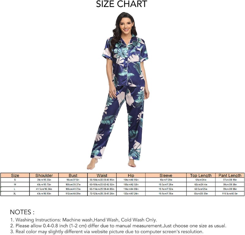 كلاراكو طقم بيجامات حريريّة من كلاركو، مكون من قطعتين، بأكمام قصيرة، وقميص، وبلوزة، وبنطال، وملابس نوم صيفية، وملابس نوم مريحة (أزرق طاووسي، مقاس كبير) - Image 1