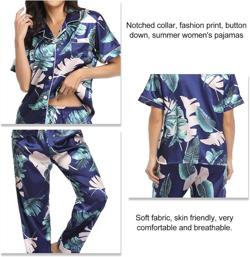 كلاراكو طقم بيجامات حريريّة من كلاركو، مكون من قطعتين، بأكمام قصيرة، وقميص، وبلوزة، وبنطال، وملابس نوم صيفية، وملابس نوم مريحة (أزرق طاووسي، مقاس كبير) - Image 2