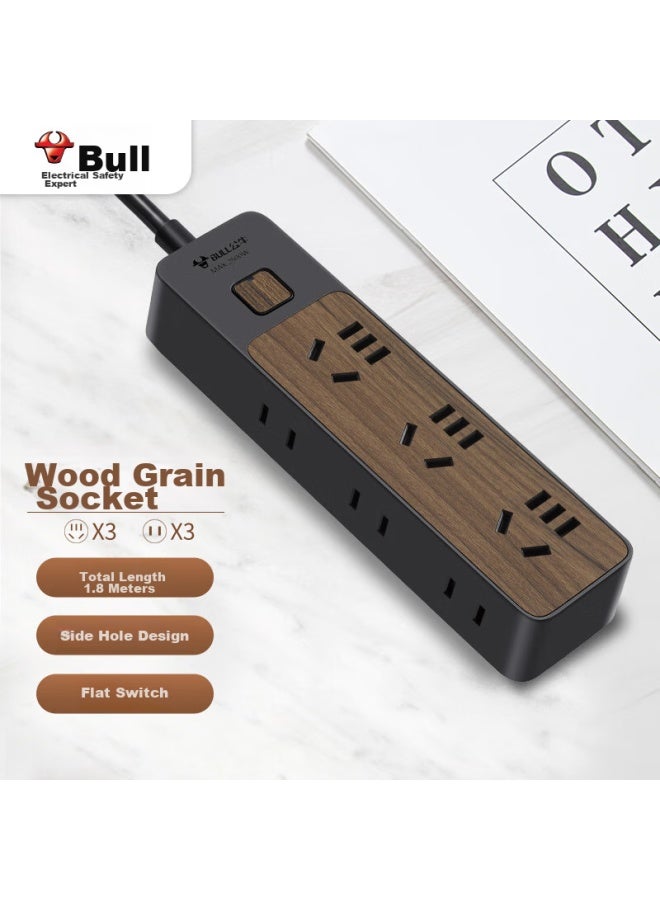 Bull Power Strip/extension Cord/surge Protector, 6 Outlets With Master Switch, 1.8 Meters, Black Wood Grain, Gn-r1330 - Image 1