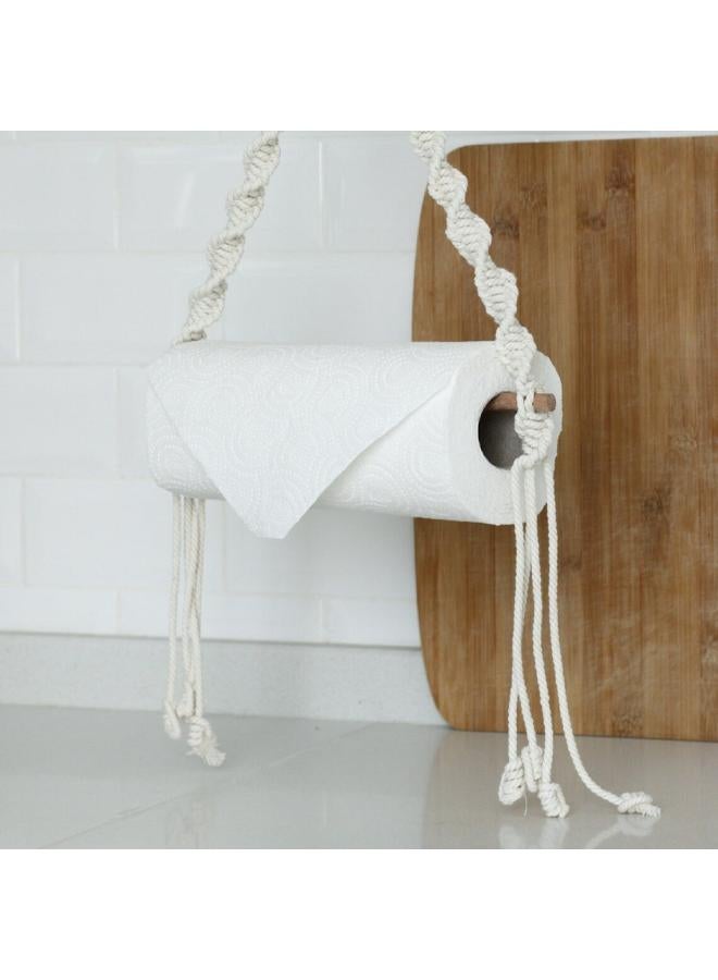 انتيكيانو حامل ديكور بتصميم مكرمية للتعليق على الحائط مخصص لمناديل المطبخ الورقية ومناديل التواليت، تصميم طبيعي لحبل مضفر بنمط بوهيمي مناسب للحمام، بيج - Image 4