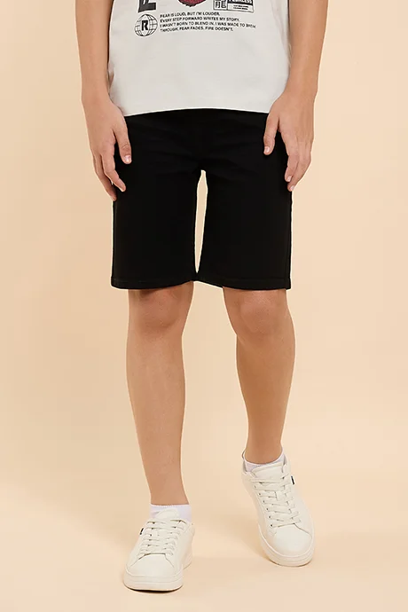 R&B Solid Denim Shorts with Drawstring Waist