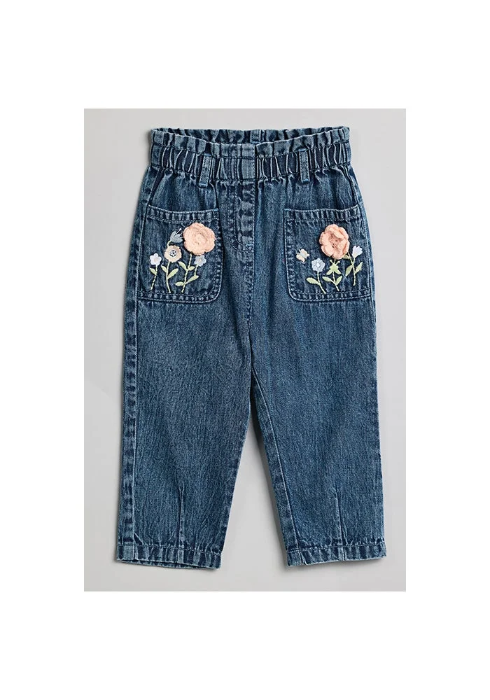 أر أند بي Embroidered Mom Fit Jeans with Elastic Waist