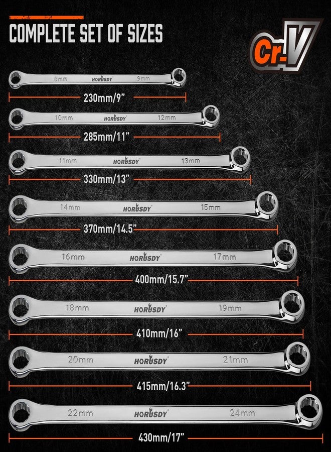 هورسدي طقم مفاتيح ربط HORUSDY، مكون من 8 قطع، طويل جدًا، بطرفين، 12 نقطة، متري، 8-24 مم، فولاذ CR-V، إزاحة 15 درجة، تحميل خارج الزاوية، مع منظم من إسفنج EVA - Image 3