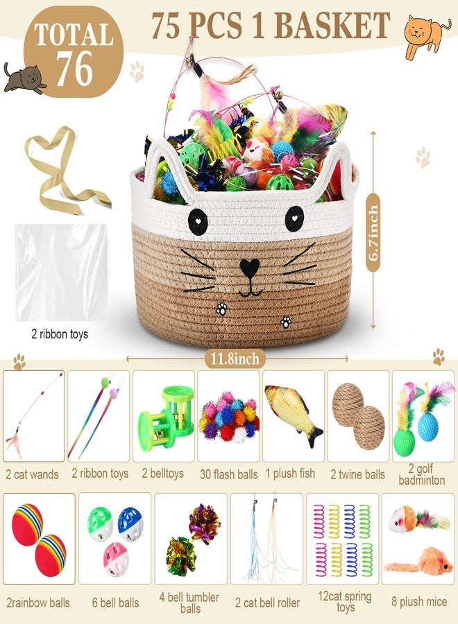 Zopeal 76 Pcs Cat Storage Basket Gift Toys Set, Interactive Cat Toys, Kitten Wand, Colorful Flashing Balls Pet Bell Crinkle Balls Spring Attract Kitten to Swat, Hunt for Pet Indoor(Khaki) - Image 2