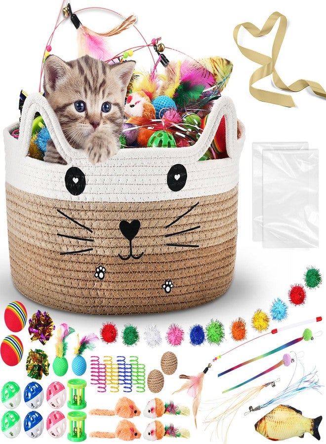 Zopeal 76 Pcs Cat Storage Basket Gift Toys Set, Interactive Cat Toys, Kitten Wand, Colorful Flashing Balls Pet Bell Crinkle Balls Spring Attract Kitten to Swat, Hunt for Pet Indoor(Khaki) - Image 1
