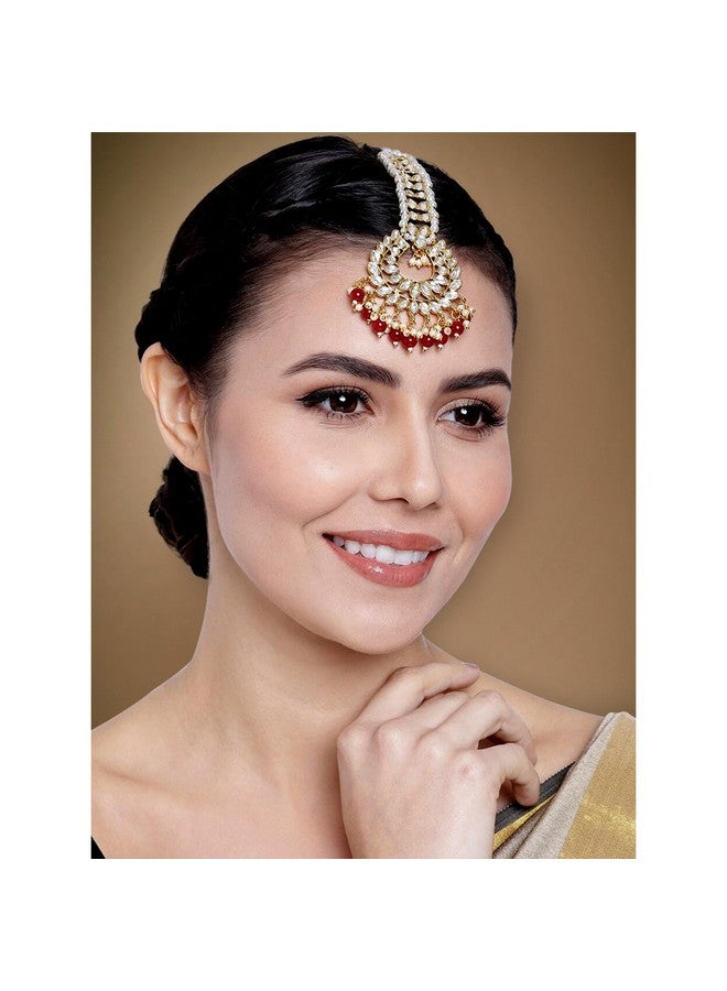 Peora Gold Plated Traditional Kundan Maroon Pearl Maang Tikka for Women Girls - Image 3