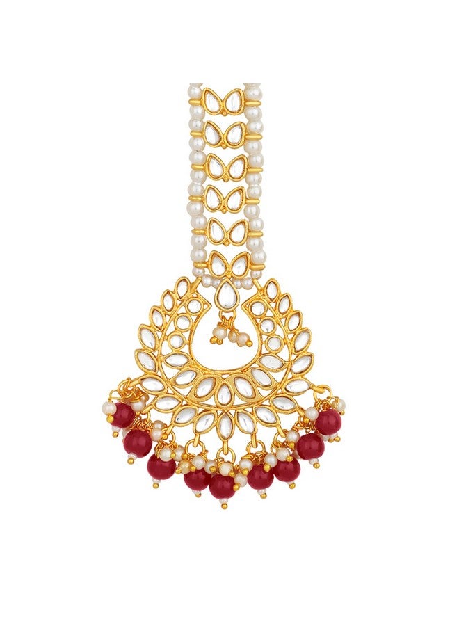 Peora Gold Plated Traditional Kundan Maroon Pearl Maang Tikka for Women Girls - Image 1