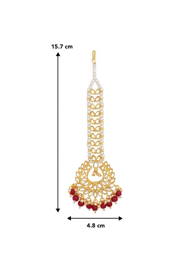 Peora Gold Plated Traditional Kundan Maroon Pearl Maang Tikka for Women Girls - Image 5