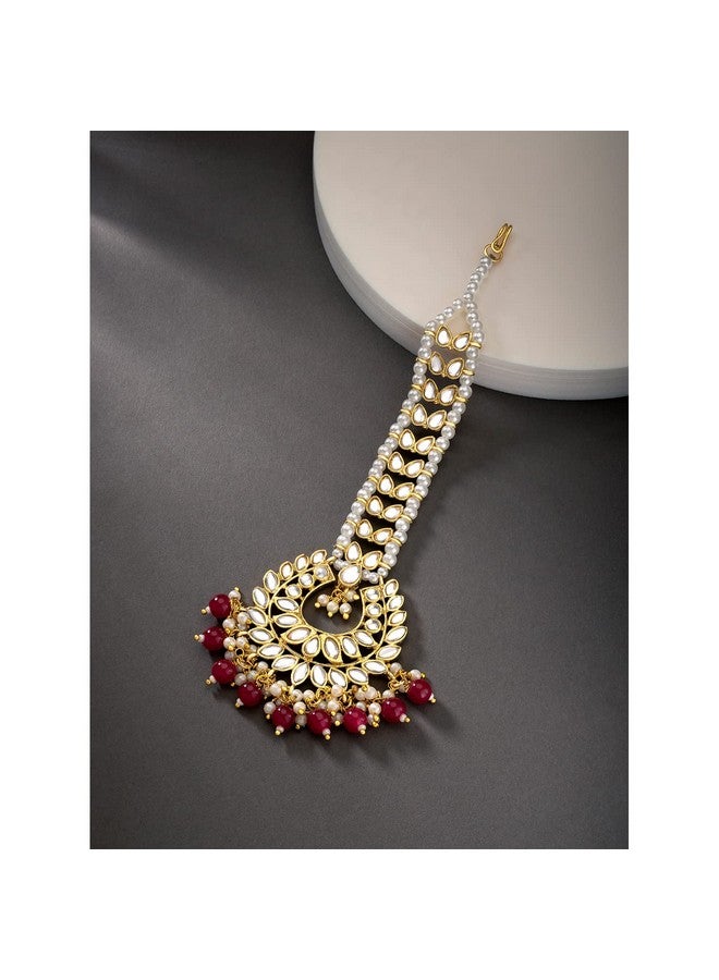 Peora Gold Plated Traditional Kundan Maroon Pearl Maang Tikka for Women Girls - Image 2