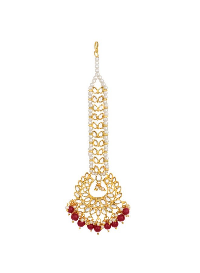 Peora Gold Plated Traditional Kundan Maroon Pearl Maang Tikka for Women Girls - Image 4