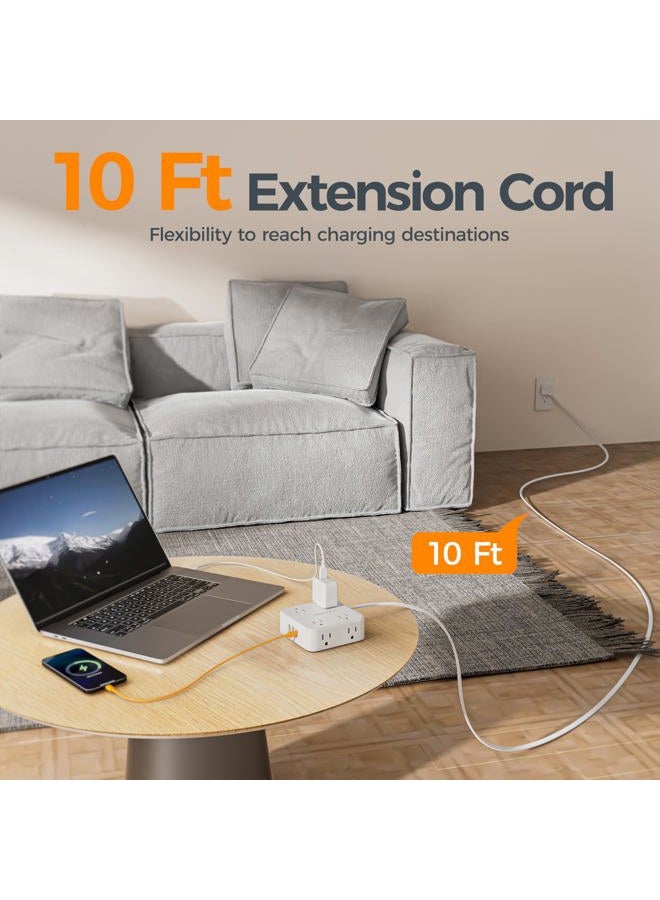 TESSAN 10 Ft Flat Plug Extension Cord with Multiple Outlets, Surge Protector Power Strip with 3 USB(1 USB C) 8 Outlets, 900J Protection, Desk Charging Station for Home, Dorm Room Essentials, White - Image 2