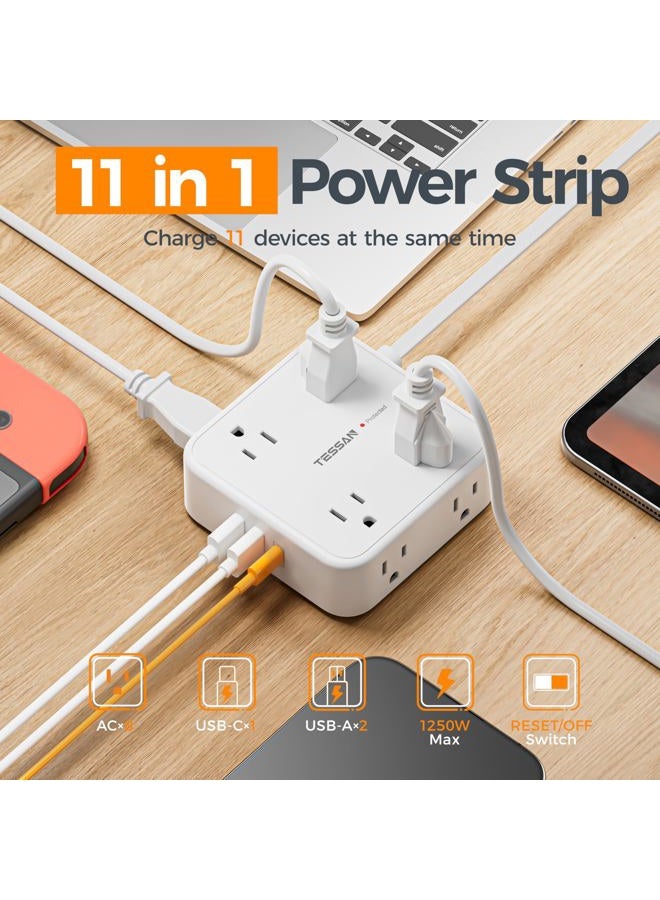 TESSAN 10 Ft Flat Plug Extension Cord with Multiple Outlets, Surge Protector Power Strip with 3 USB(1 USB C) 8 Outlets, 900J Protection, Desk Charging Station for Home, Dorm Room Essentials, White - Image 3