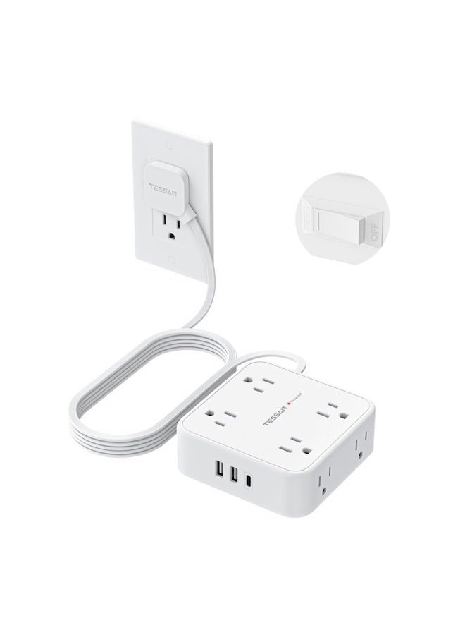 TESSAN 10 Ft Flat Plug Extension Cord with Multiple Outlets, Surge Protector Power Strip with 3 USB(1 USB C) 8 Outlets, 900J Protection, Desk Charging Station for Home, Dorm Room Essentials, White - Image 1