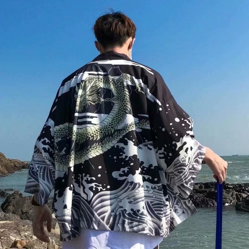 سترة كاردigan صيفية عصرية للرجال على طراز كوري بأكمام سبعة من تنين يونغتشونغ، رداء داو للرجال والنساء، تنين صيني - Image 1