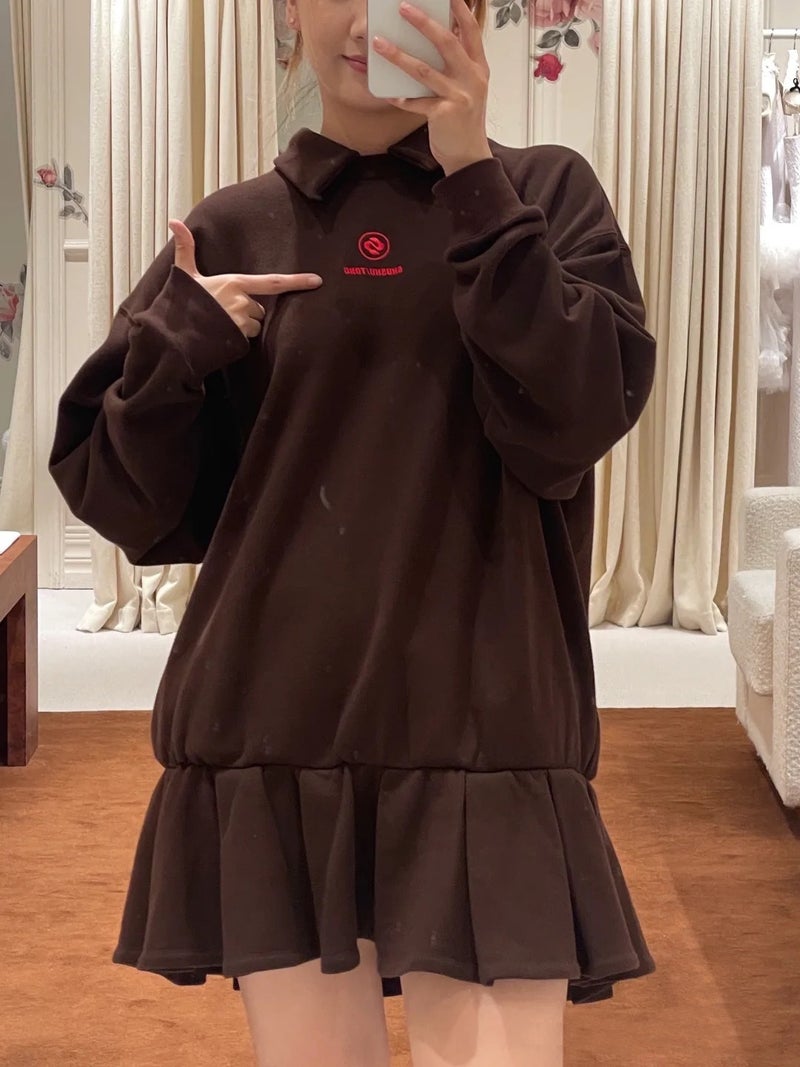 Pure desire girl cotton loose sweater skirt sports coat overskirt dress 2023 autumn and winter new niche SST Curry - Image 3