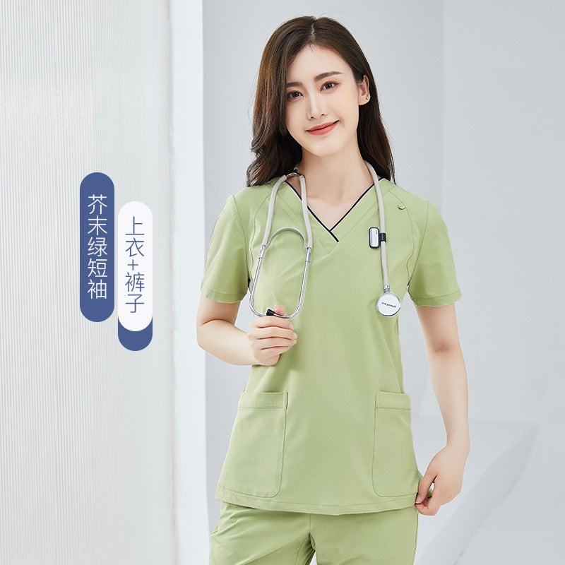 Quick-Drying Hand-Washing Clothes Surgical Clothes Elastic Womens Short-Sleeved Operating Room Nurse Work Clothes High-End Doctors Hand-Brushing Clothes Long-Sleeved Women's mustard green short-sleeve suit 