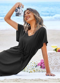 Generic Womens Swimsuit Coverup Short Sleeve Beach Cover Up Dress V Neck Bikini Beachwear, Black, XL  - Image 4