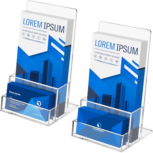 BEYGORM Acrylic Brochure Holder 4 inches with Business Card Holder for 100 Brochures 2 Pack Clear Display Stand for Magazine Pamphlet Booklets Menu Journals Business Card Trifold - Image 1