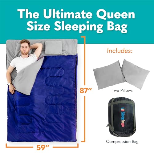 Sleepingo Double Sleeping Bags for Adults – Waterproof Queen-Size 2 Person Sleeping Bag with Pillows for Camping, Backpacking, Hiking, or Truck Use – Warm, Lightweight, and Convertible into Two Singles – Blue - Image 2