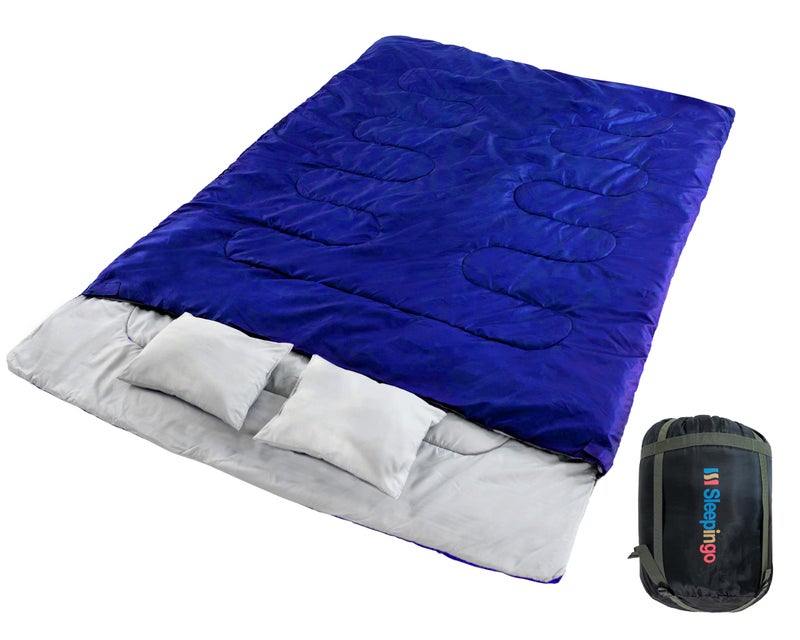 Sleepingo Double Sleeping Bags for Adults – Waterproof Queen-Size 2 Person Sleeping Bag with Pillows for Camping, Backpacking, Hiking, or Truck Use – Warm, Lightweight, and Convertible into Two Singles – Blue - Image 1