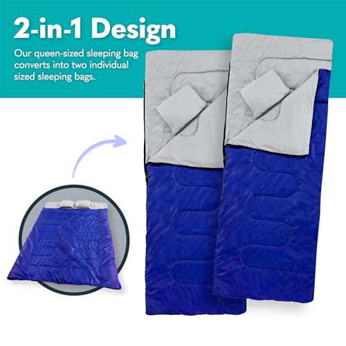 Sleepingo Double Sleeping Bags for Adults – Waterproof Queen-Size 2 Person Sleeping Bag with Pillows for Camping, Backpacking, Hiking, or Truck Use – Warm, Lightweight, and Convertible into Two Singles – Blue - Image 4