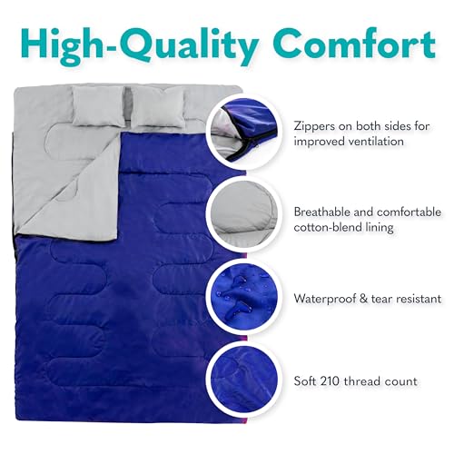 Sleepingo Double Sleeping Bags for Adults – Waterproof Queen-Size 2 Person Sleeping Bag with Pillows for Camping, Backpacking, Hiking, or Truck Use – Warm, Lightweight, and Convertible into Two Singles – Blue - Image 3