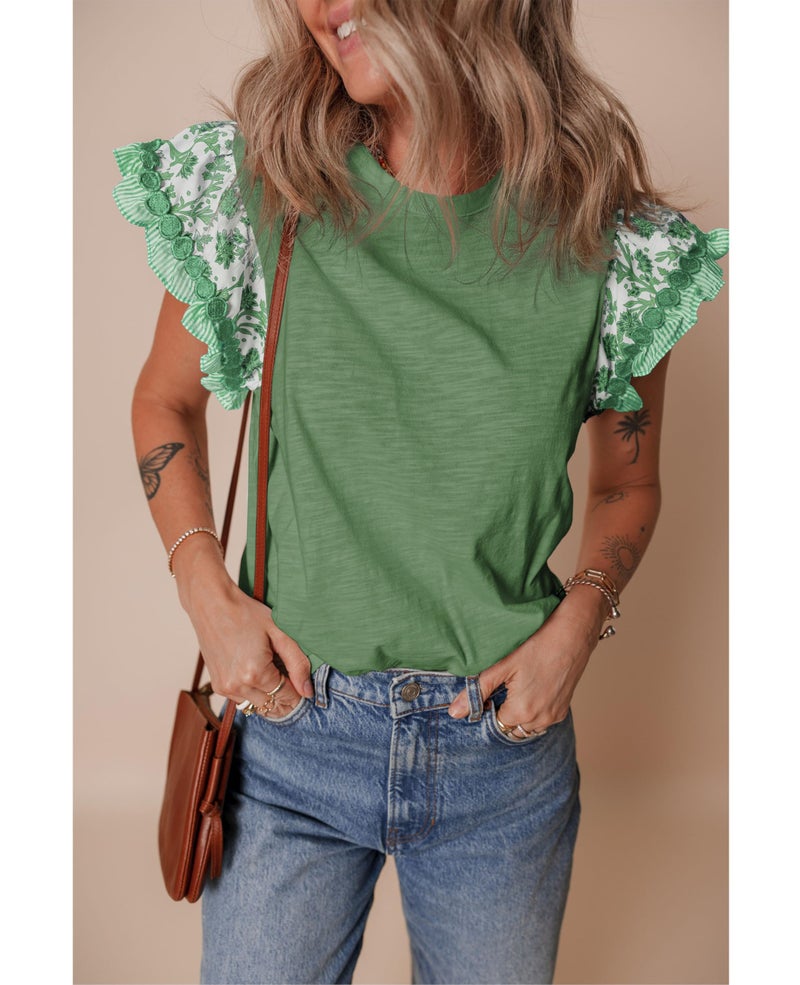 SELINK Womens Summer Ruffle Short Sleeve Top Crewneck T Shirts Floral Trim Casual Blouses Olive Green-M - Image 2
