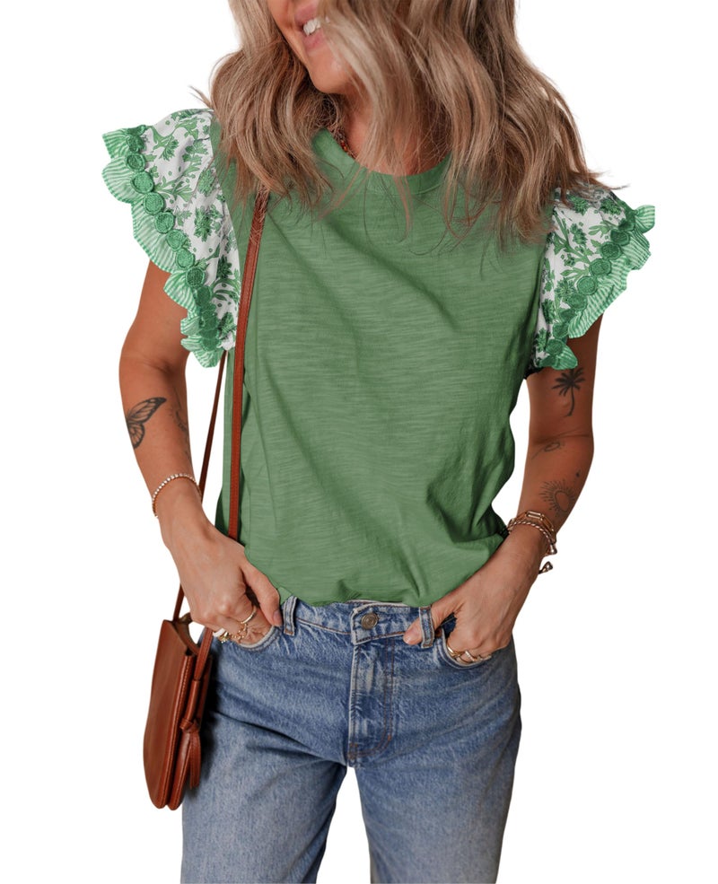SELINK Womens Summer Ruffle Short Sleeve Top Crewneck T Shirts Floral Trim Casual Blouses Olive Green-M - Image 1