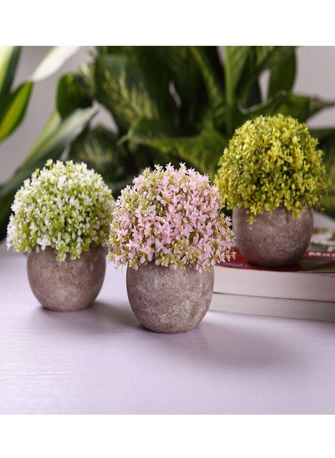 T4U Mini Artificial Plants in Grey Pot, Plastic Fake Green Colorful Flower Topiary Shrubs for Home Office Wedding Decoration Set of 3 - Image 3