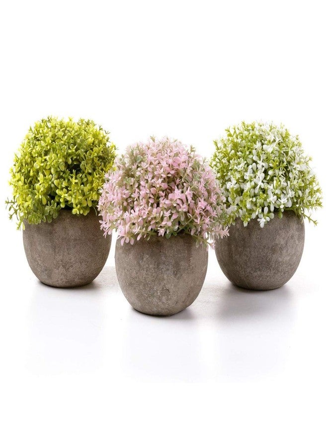 T4U Mini Artificial Plants in Grey Pot, Plastic Fake Green Colorful Flower Topiary Shrubs for Home Office Wedding Decoration Set of 3 - Image 1