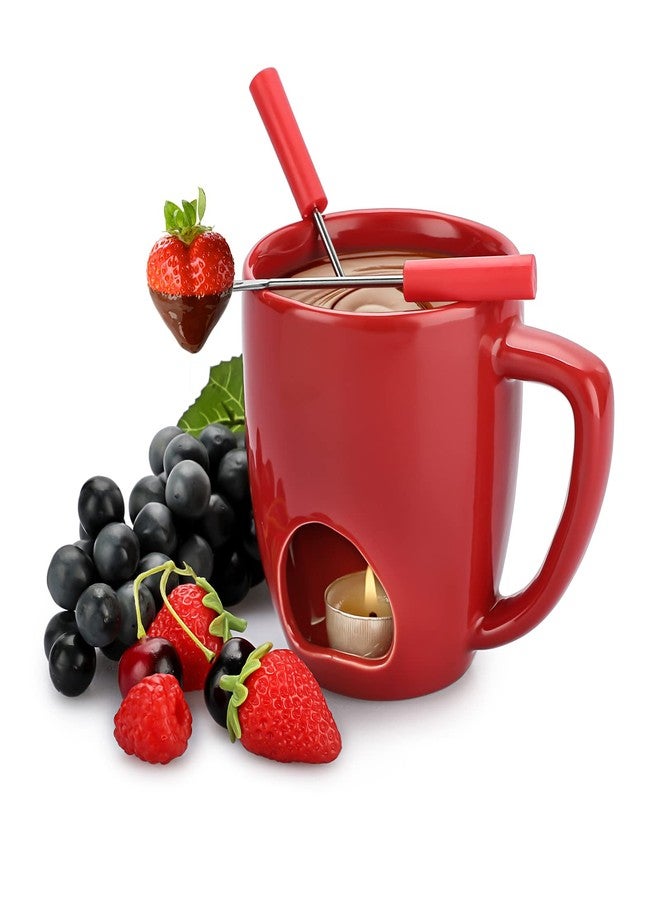BSTKEY 230ML Personal Chocolate Fondue Mug Set, Ceramic Butter Warmer Set, Mini Melt Hot Pot Cup Set for Cheese Chocolate Butter Caramel, with 2 Forks (Red) - Image 1