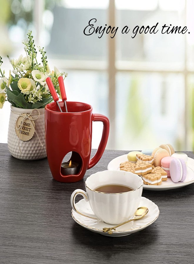 BSTKEY 230ML Personal Chocolate Fondue Mug Set, Ceramic Butter Warmer Set, Mini Melt Hot Pot Cup Set for Cheese Chocolate Butter Caramel, with 2 Forks (Red) - Image 4