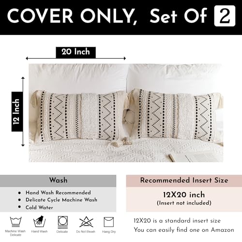 BlissBlush Decorative Lumbar Throw Pillow Cover 12x20 Combo Set of 2 Rectangular Boho Accent Pillowcase Black Neutral Farmhouse Cushion for Couch Sofa Bedroom Living Home Décor Cover ONLY - Image 3