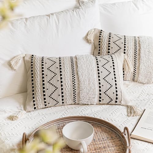 BlissBlush Decorative Lumbar Throw Pillow Cover 12x20 Combo Set of 2 Rectangular Boho Accent Pillowcase Black Neutral Farmhouse Cushion for Couch Sofa Bedroom Living Home Décor Cover ONLY - Image 1
