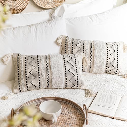 BlissBlush Decorative Lumbar Throw Pillow Cover 12x20 Combo Set of 2 Rectangular Boho Accent Pillowcase Black Neutral Farmhouse Cushion for Couch Sofa Bedroom Living Home Décor Cover ONLY - Image 5