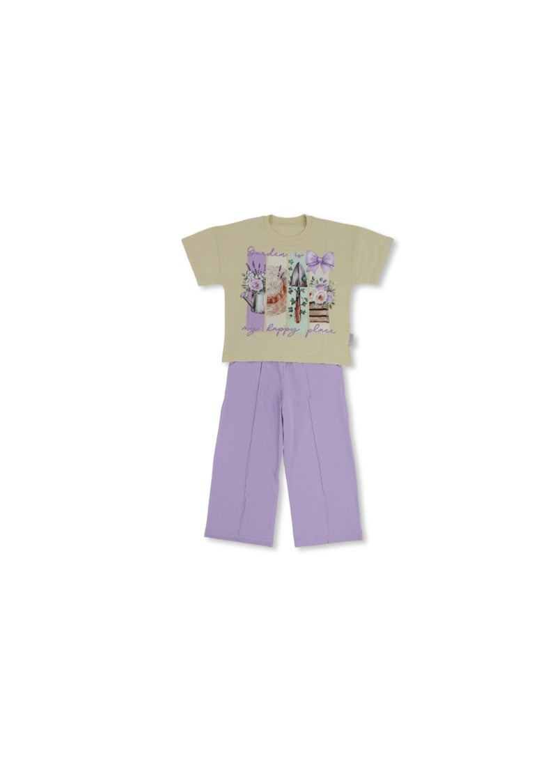 دريم بيجاما قطنية للبنات - بنفسجي وبيج بنقشة حديقة - Image 1