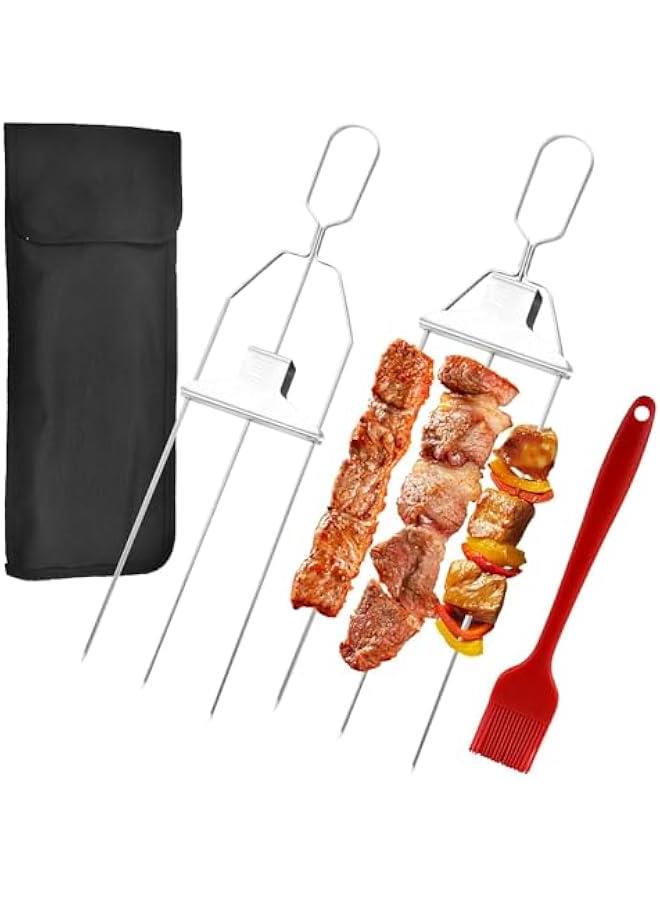 RYNX 14 Inch 3Prong Kabob Skewers with Storage bag for GrillingStainless Steel Skewer With Push Bar Reusable Metal Skewer Kabob Sticks Perfect For Meat Chicken Sausages Veggies shrimp 2 ) - Image 1