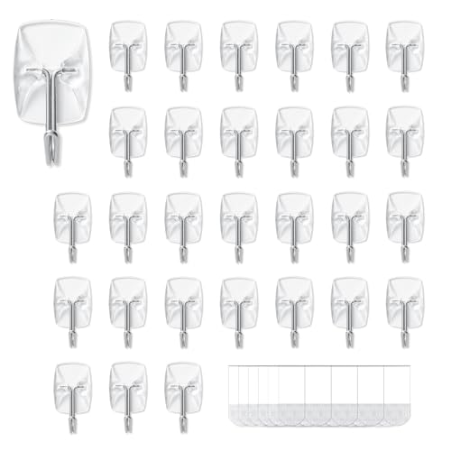 MOVELYST 30 Small Hooks+40 Removable Strips, Clear Wire Utility Hooks with Adhesive Strips Damage-Free, No Tools Wall Hooks for Hanging Heavy Duty, Value Pack - Image 1