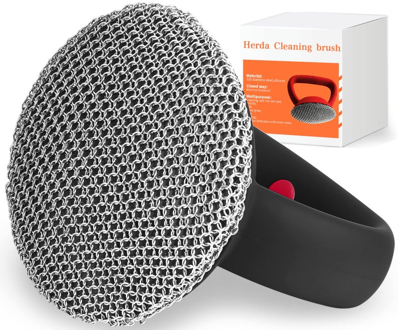 Cast Iron Scrubber Brush with Handle Soldered Fine Chainmail Scrubber  Small Ring Round Chain Link Pan Pot Scrub Metal Brush to Clean Skillet Cast Iron Griddle Cleaning Brush by Herda