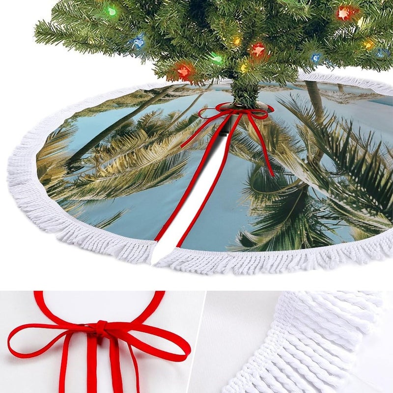 Palm Trees on The Beach Christmas Tree Skirt 36"x36" Winter Holiday Tree Mat for Christmas Tree Decorations Thickened Christmas Tree Collar with Tassel for Farmhouse Home Christmas Decorations - Image 3