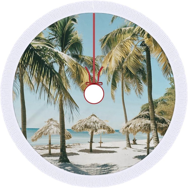 Palm Trees on The Beach Christmas Tree Skirt 36"x36" Winter Holiday Tree Mat for Christmas Tree Decorations Thickened Christmas Tree Collar with Tassel for Farmhouse Home Christmas Decorations - Image 1