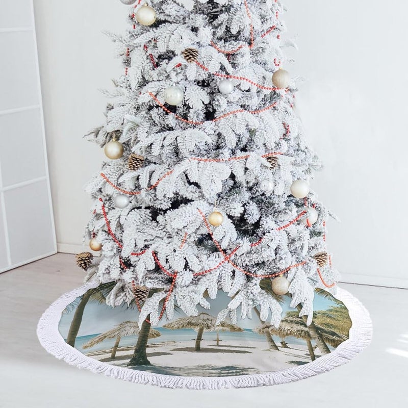 Palm Trees on The Beach Christmas Tree Skirt 36"x36" Winter Holiday Tree Mat for Christmas Tree Decorations Thickened Christmas Tree Collar with Tassel for Farmhouse Home Christmas Decorations - Image 5