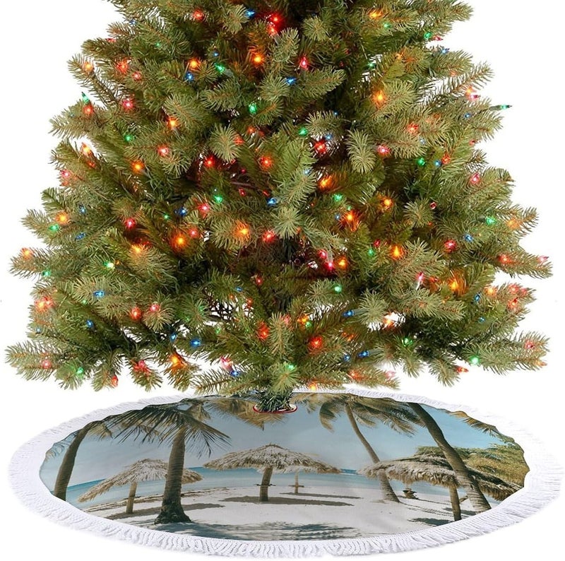 Palm Trees on The Beach Christmas Tree Skirt 36"x36" Winter Holiday Tree Mat for Christmas Tree Decorations Thickened Christmas Tree Collar with Tassel for Farmhouse Home Christmas Decorations - Image 4