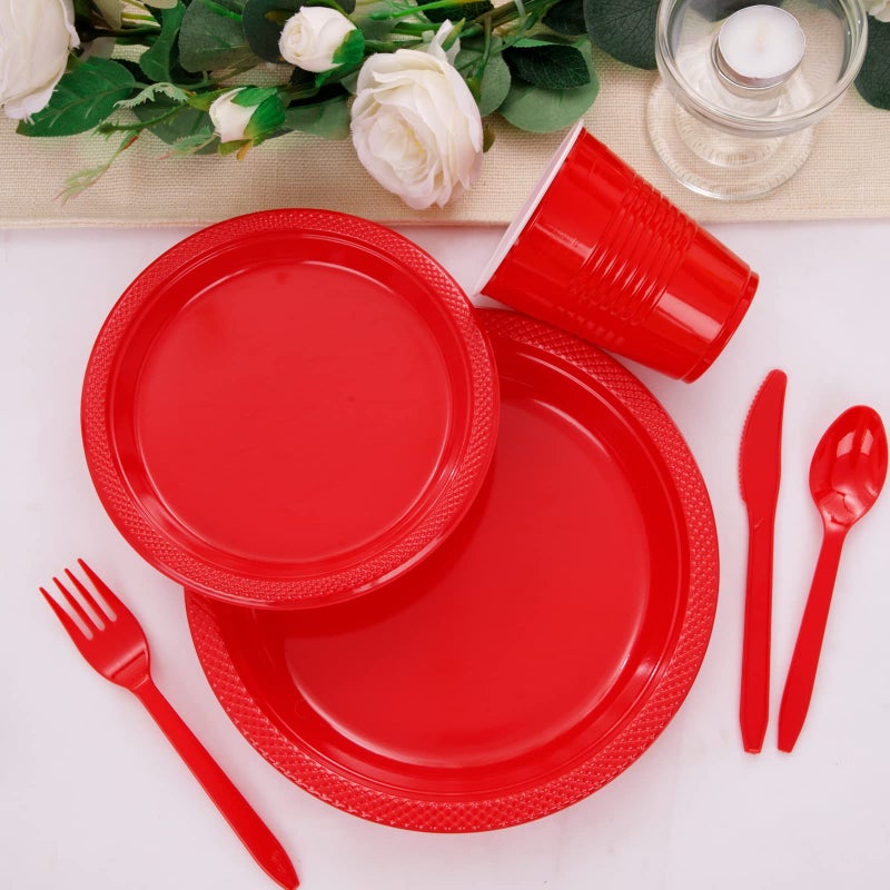WELLIFE 210 Pieces Red Party Supplies Disposable Dinnerware Set  Including Red Plastic Plates  12OZ Cups  Plastic Cutlery and Paper Napkins Serve 30 Guests for Party - Image 4