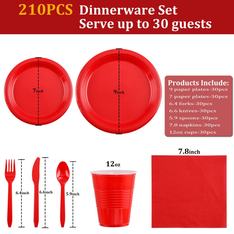 WELLIFE 210 Pieces Red Party Supplies Disposable Dinnerware Set  Including Red Plastic Plates  12OZ Cups  Plastic Cutlery and Paper Napkins Serve 30 Guests for Party - Image 2