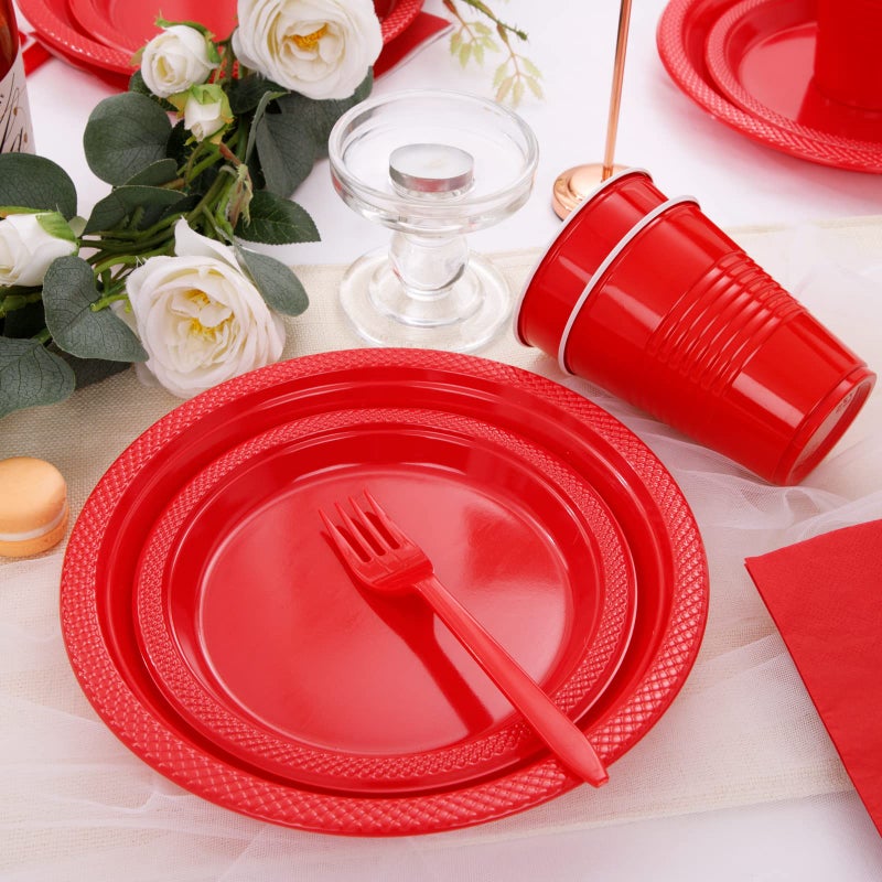 WELLIFE 210 Pieces Red Party Supplies Disposable Dinnerware Set  Including Red Plastic Plates  12OZ Cups  Plastic Cutlery and Paper Napkins Serve 30 Guests for Party - Image 3
