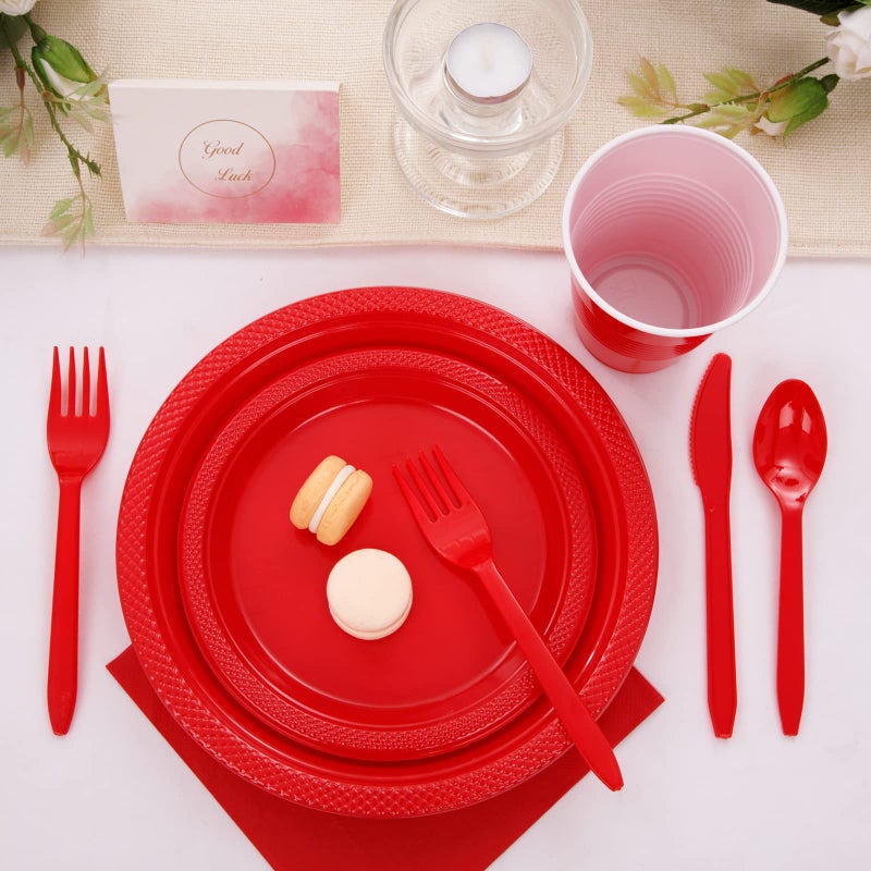 WELLIFE 210 Pieces Red Party Supplies Disposable Dinnerware Set  Including Red Plastic Plates  12OZ Cups  Plastic Cutlery and Paper Napkins Serve 30 Guests for Party - Image 5