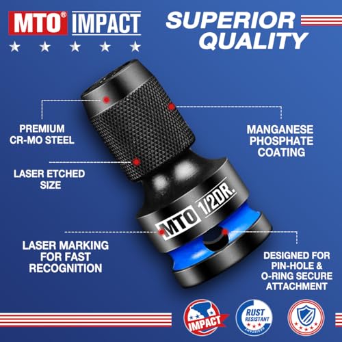 MTO 1/2-Inch Square Drive to 1/4-Inch Hex Socket Adapter, 2PCS Quick Release Impact Bit Holder, for Impact Wrench Ratchet, CR-MO - Image 5