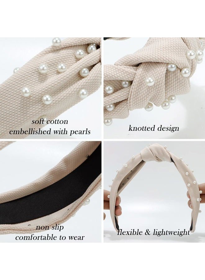 Atoden Pearl Knotted Headbands for Women 2 Pcs Pearl Headband Top Knot Headbands Beaded Headband Jewelled Head Bands for Women's Hair Embellished Headbands for Women Non Slip Hair Bands Black Headb... - Image 5