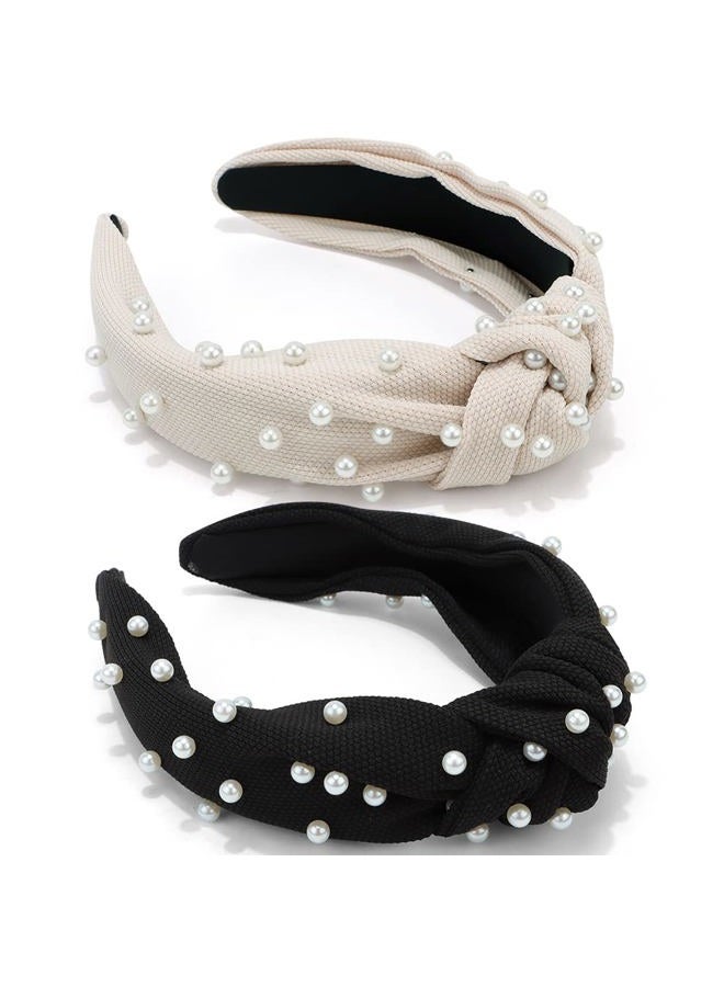 Atoden Pearl Knotted Headbands for Women 2 Pcs Pearl Headband Top Knot Headbands Beaded Headband Jewelled Head Bands for Women's Hair Embellished Headbands for Women Non Slip Hair Bands Black Headb... - Image 1